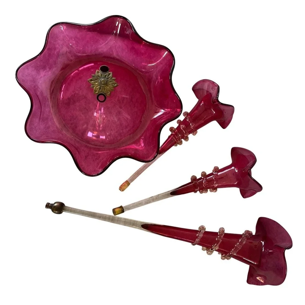 Antique Victorian‎ Cranberry Glass Epergne 3 Trumpet Lily Ruffled Centerpiece